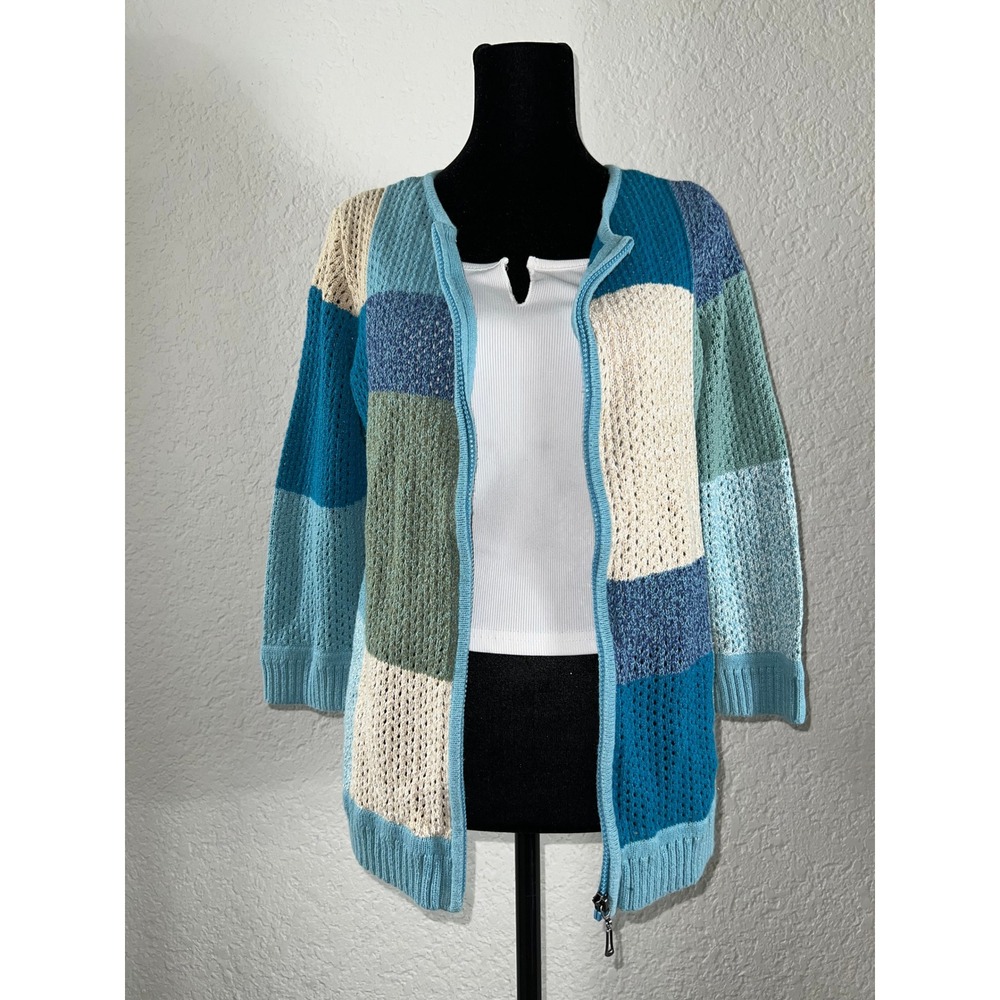 Christopher Banks Patchwork Knit Cardigan Zip Up Sweater Teal Blue Green Cream S